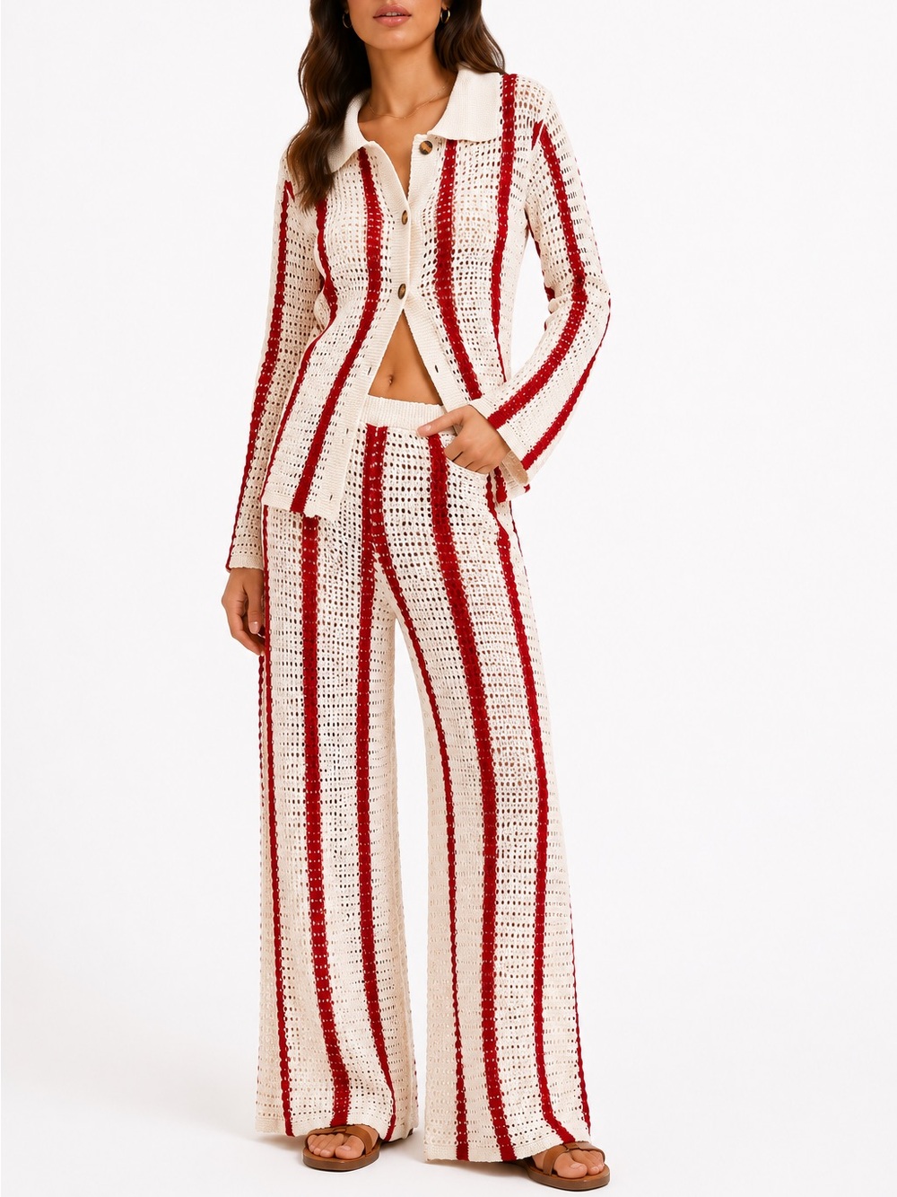 Commense Cream & Red Crochet Wide-Leg Pants